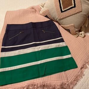 Anne Klein cotton green, navy, and white stripe skirt. 18” long.